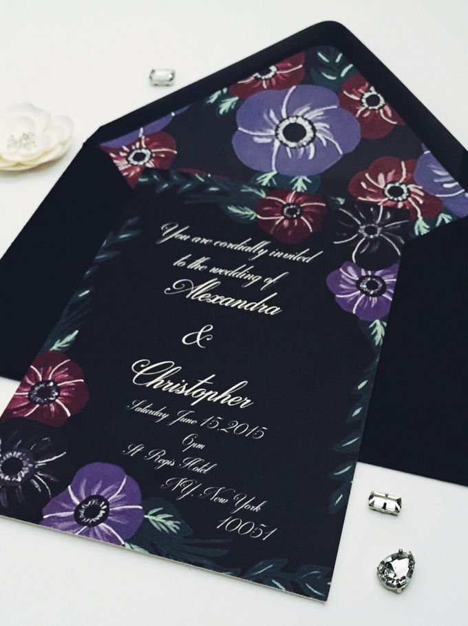 dark floral wedding invitation with matching envelope liner by Fancy Paperie - 002 dark floral wedding invitation with matching envelope liner by Fancy Paperie - 002